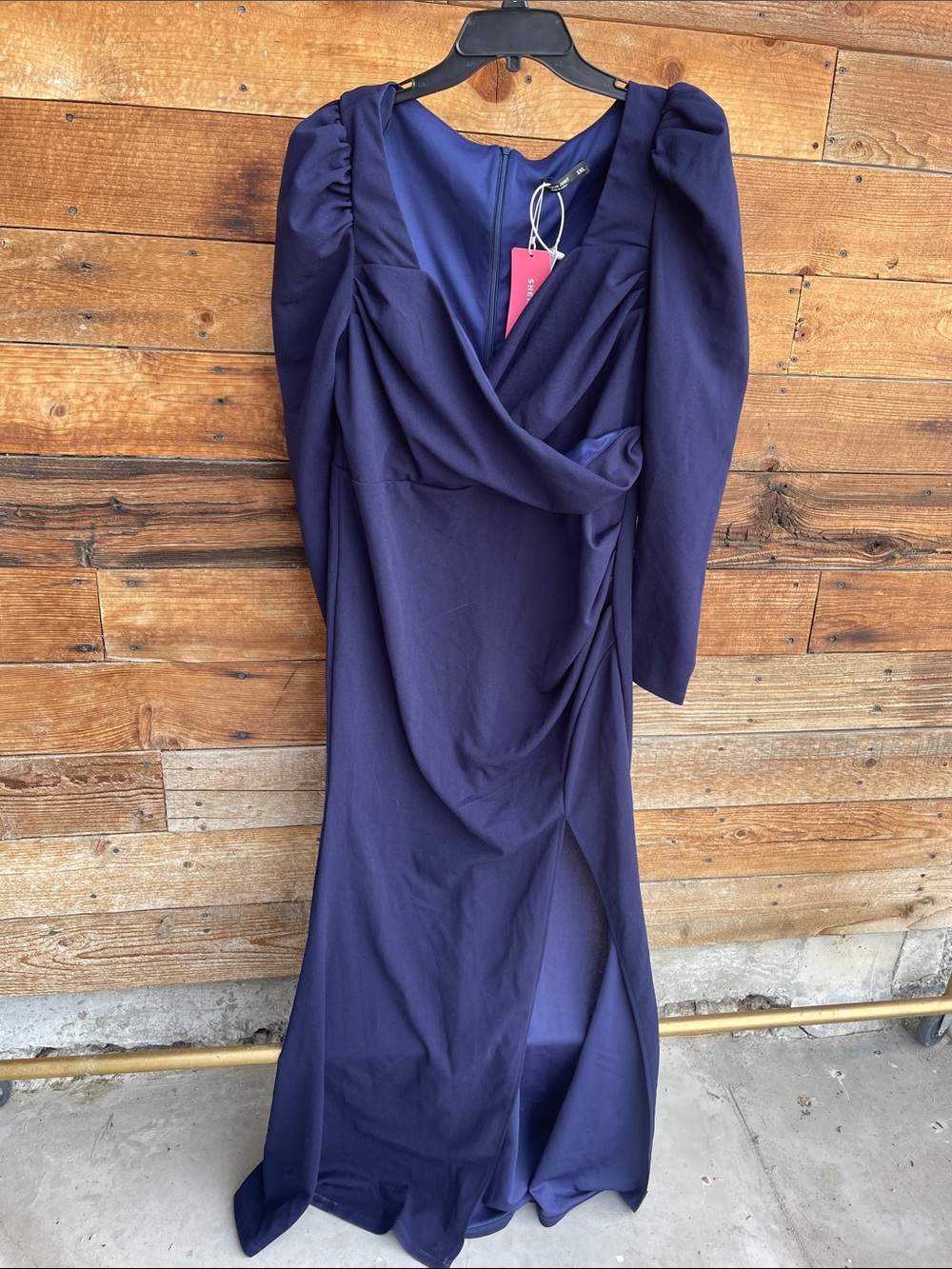 SHEIN Navy Long Sleeve Wrap Maxi Dress with Puff Shoulders